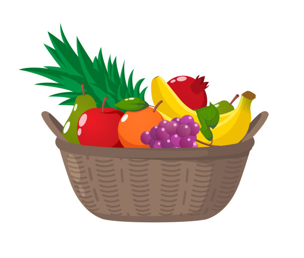 采购产品水果篮子向量香蕉，菠萝，葡萄，梨，石榴，橙子，和苹果溢价。图片下载