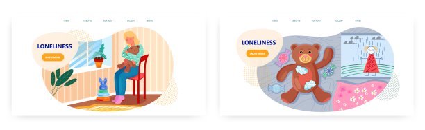 孤独的落地页设计，网站banner矢量模板：悲伤的女人独自坐在窗边，手抱泰迪熊。图片下载