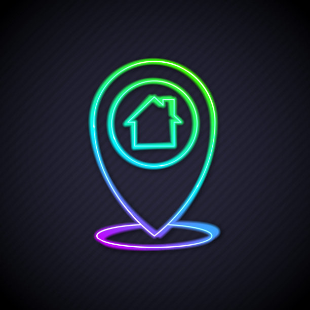 发光的霓虹灯线地图指针与房子图标隔离在黑色的背景。起始位置标记符号。向量图片下载