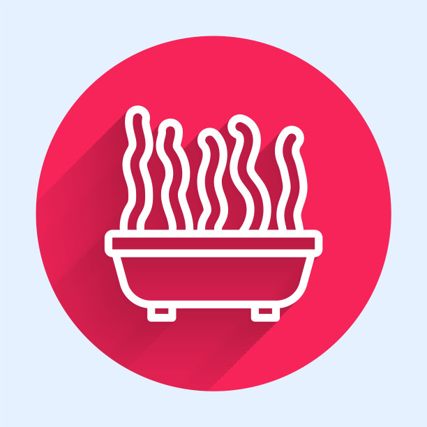 白色线植物在盆图标孤立与长阴影。盆栽植物。盆栽植物标志。红色圆圈按钮。向量图片下载