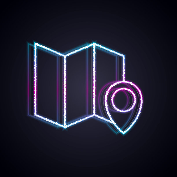 发光的霓虹线折叠地图与位置标记图标孤立在黑色背景。向量图片下载