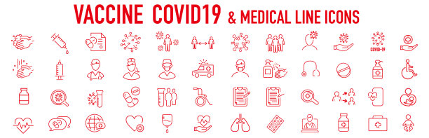 冠状病毒和疫苗系列图标，2019冠状病毒，医用口罩，健康，传染性，流行病，爆发，媒介图片下载