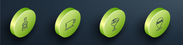 设定等距线威士忌酒瓶咖啡杯图片下载