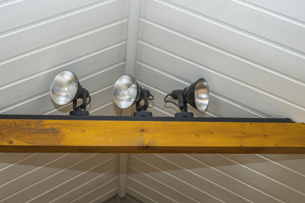 白色木质天花板下的三盏灯的特写。瑞典。图片下载