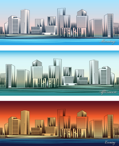 早上，下午和晚上，城市的天际线图片下载