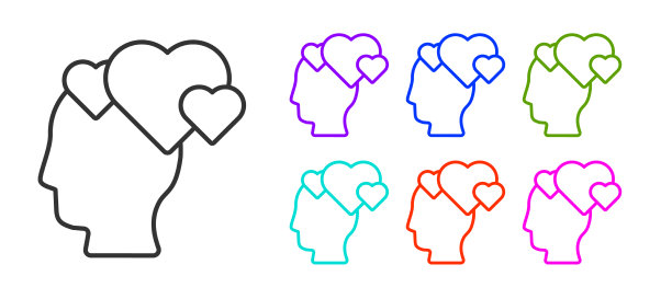 黑线人形头部带心形图标孤立上图片下载