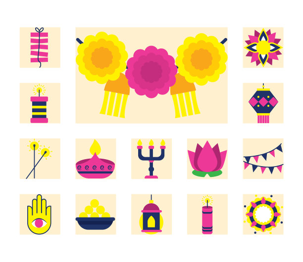 烟花和排灯节图标设置扁平风格图片下载