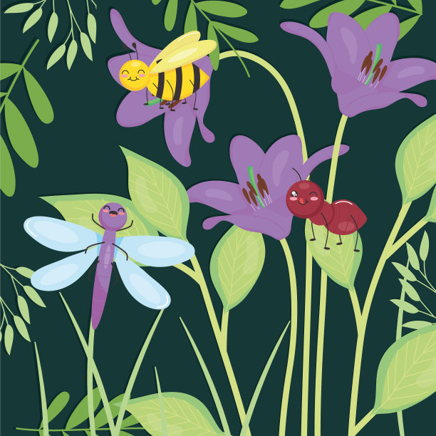 可爱的昆虫站在紫色的百合和叶子上图片下载