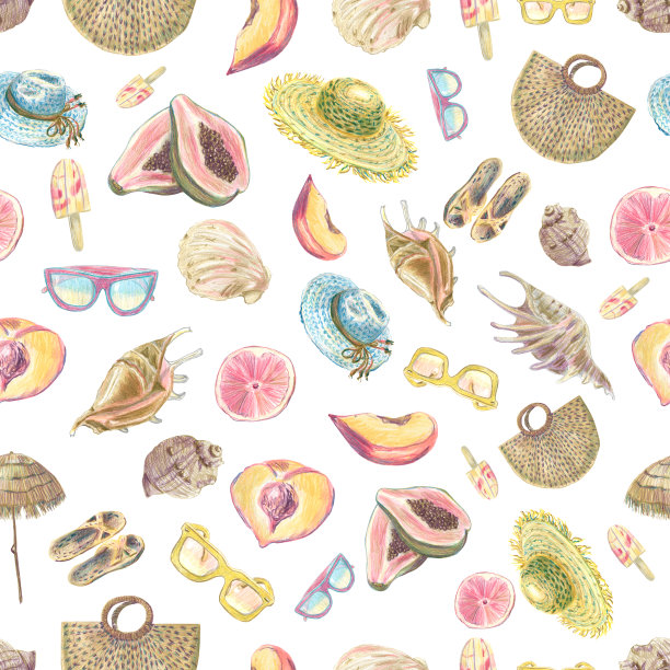 无缝模式的彩色热带贝壳，水果和度假项目。用彩色铅笔画出不同元素的手绘草图。图片下载