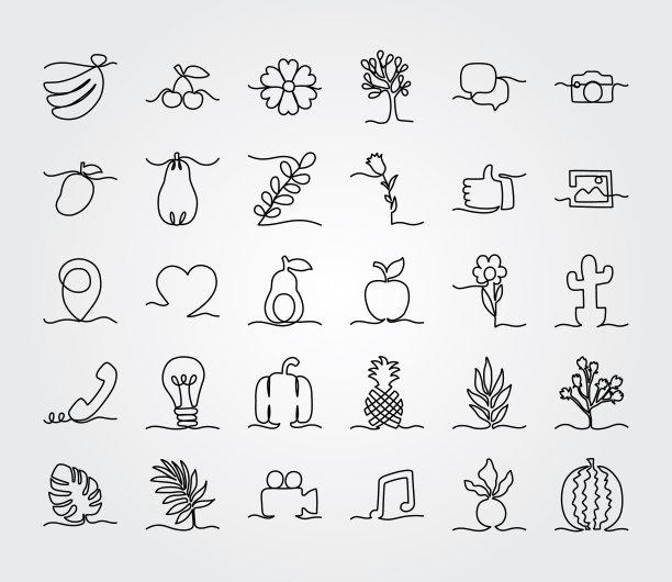 一条线设计花和水果图标集图片下载