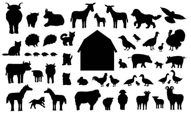 一套剪影卡通农场动物。病媒收集木谷仓，驴鹅牛猪猪猪鸡母鸡公鸡山羊绵羊鸭子马火鸡猫狗刺猬兔子兔子鸟类图片下载