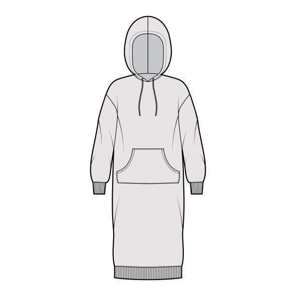 连衣裙连帽衫技术时尚插图与长袖，袋鼠袋，罗纹袖口超大的身体，及膝裙图片下载