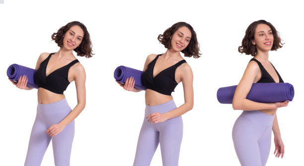 肖像的美丽和适合的运动着装私人教练摆姿势与瑜伽垫在不同的变化。图片下载