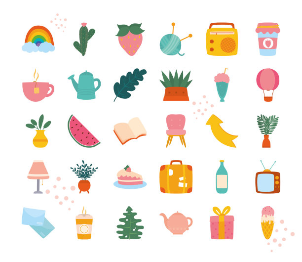 彩虹和手绘图标设置丰富多彩的设计图片下载