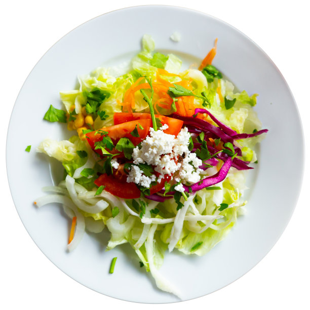 蔬菜沙拉的新鲜莴苣，西红柿，玉米，洋葱，胡萝卜碎和欧芹图片下载