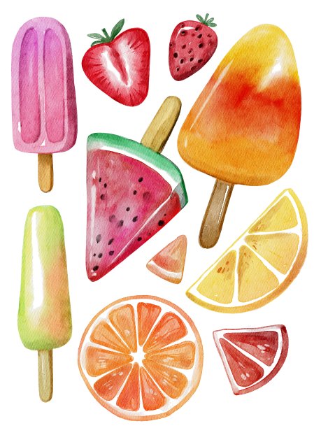 手绘水彩画一套美味的冰淇淋和柑橘。夏季。用于海报，卡片，印刷，标签，纺织，图案，婚礼，市场，菜单，派对图片下载