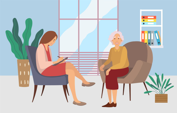 病人在心理治疗的接待处。一位老年妇女正在与心理治疗师交谈图片下载