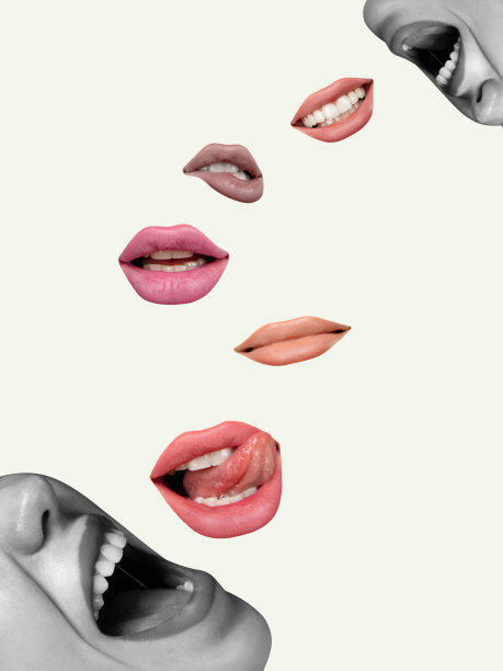现代设计，当代艺术拼贴。灵感，想法，时尚都市杂志风格。女人的嘴唇喜欢不同的情绪，新闻背景。图片下载