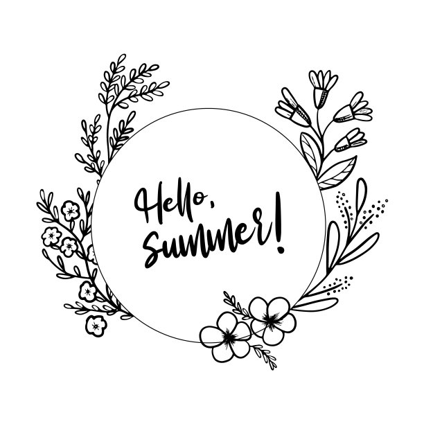 圆形框架与植物元素。田野草，树枝带着叶子和花朵。线条艺术手绘。矢量孤立元素的邀请设计，贺卡。字体-你好夏天图片下载