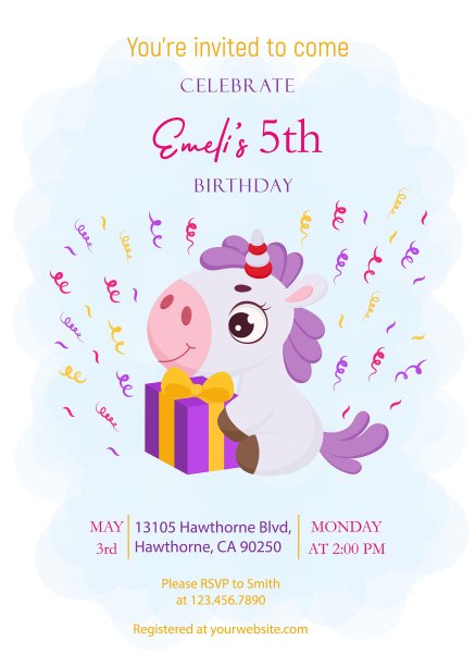 生日快乐打印派对邀请卡模板。活动模板与可爱的魔法独角兽坐在礼盒。明亮的颜色股票矢量插图图片下载