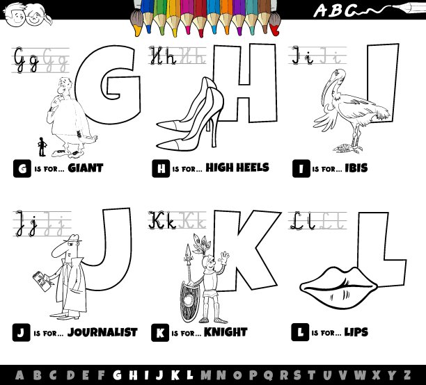 教育卡通字母集从G到L的彩色书页图片下载