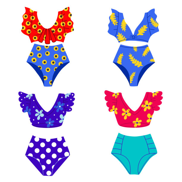 一套复古风格的时尚泳衣。海滩装。矢量平面插图图片下载