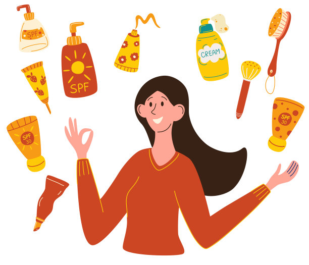 防晒。漂亮女孩选择防晒霜。瓶防晒霜。女性使用防晒概念。有机化妆品。太阳的形状。护肤产品分类。暑假。向量图片下载
