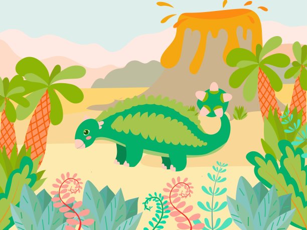 一套可爱的恐龙在自然的背景卡通风格。明亮幼稚的画与动物。矢量插图孤立在白色背景。图片下载
