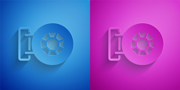 建筑正面的珠宝店图标孤立在蓝色和紫色的背景上。纸艺术风格。向量图片下载