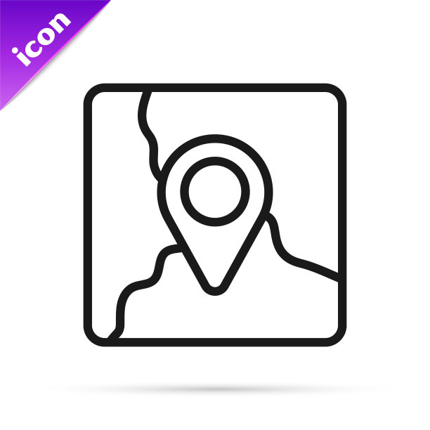 黑线折叠地图与位置标记图标孤立在白色背景。向量图片下载