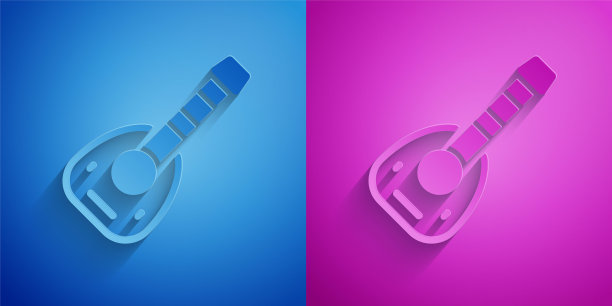 剪纸琵琶图标孤立在蓝色和紫色的背景。阿拉伯，东方，希腊乐器。纸艺术风格。向量图片下载