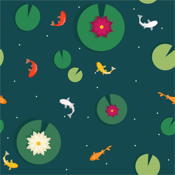 图案的日本鲤鱼和睡莲的叶子与百合在水上。图片下载