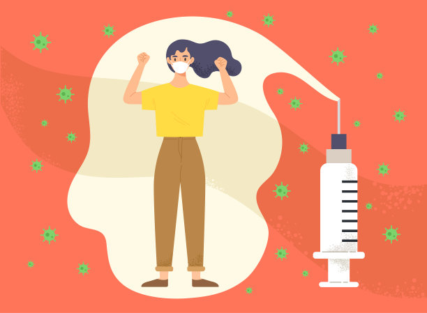 年轻女子戴着口罩，在疫苗泡沫中做出强有力的健康姿态。图片下载