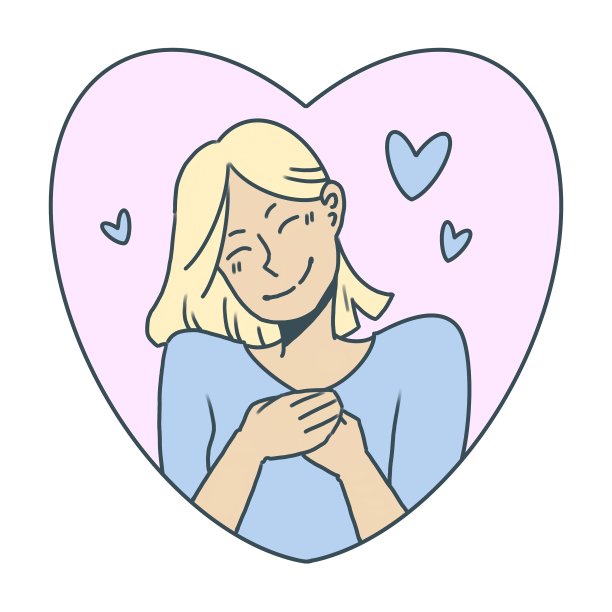 一个穿着蓝色衬衫的金发短发女人或女孩站在粉红色的心形背景前，周围是一颗心图片下载