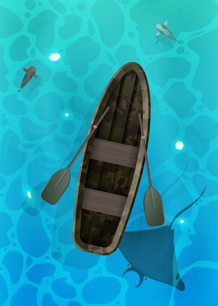 船和桨。蓝绿色的水面上有鱼。从以上观点。背景为夏季海报，门厅或明信片。向量。图片下载