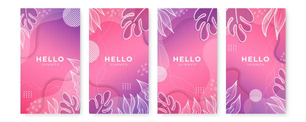 带有文本复制空间的抽象背景向量集。明亮活力的横幅，海报，封面设计模板，社交媒体故事壁纸与热带树叶和植物在最小的简单图片下载