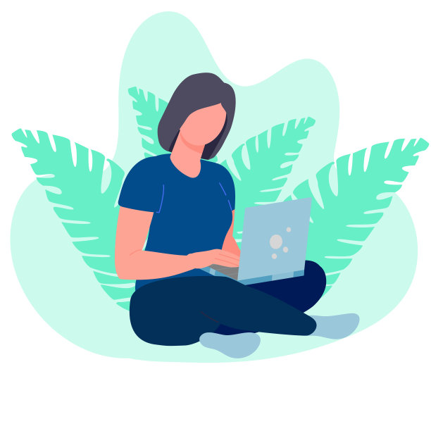 使用电脑的女性自由职业者。拿着笔记本电脑的女孩。遥远的工作。在大流行期间在家工作。股票矢量插图与人的背景与树叶。图片下载