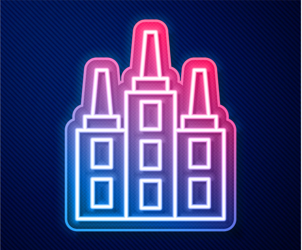 发光的霓虹线摩天大楼图标孤立在蓝色图片下载