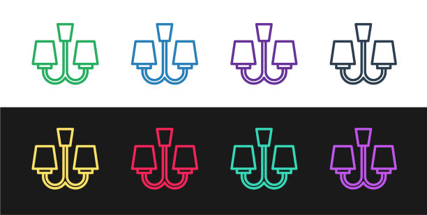 设置线吊灯图标孤立在黑色和图片下载