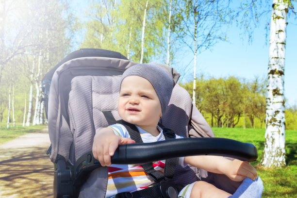 公园里婴儿车里的快乐小男孩。图片下载