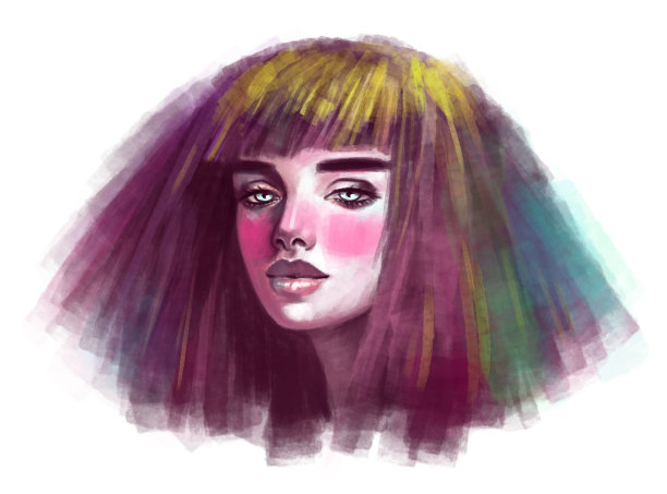 时尚新潮的现代女性艺术肖像，抽象画，白色背景上的多色肖像图片下载