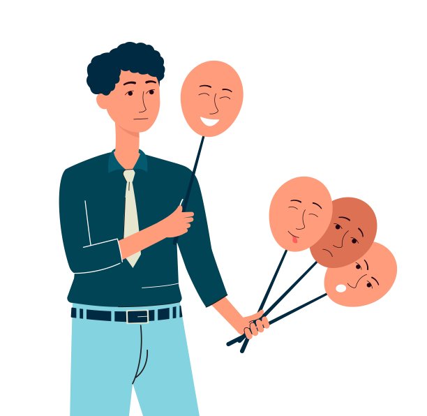 情绪变化的概念-悲伤的人拿着面具与不同的情绪。图片下载