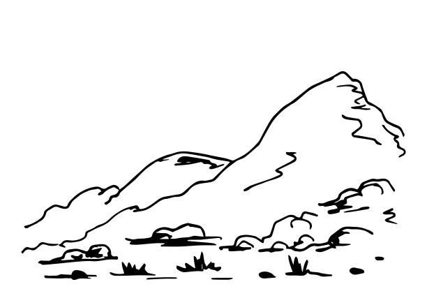 简单的手绘矢量画在黑色轮廓。墨水草图。多山，多石，野生景观，石头和草，自然。沙漠地区。旅游和旅行。图片下载