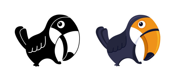 巨嘴鸟可爱的卡通人物设置黑色图片下载