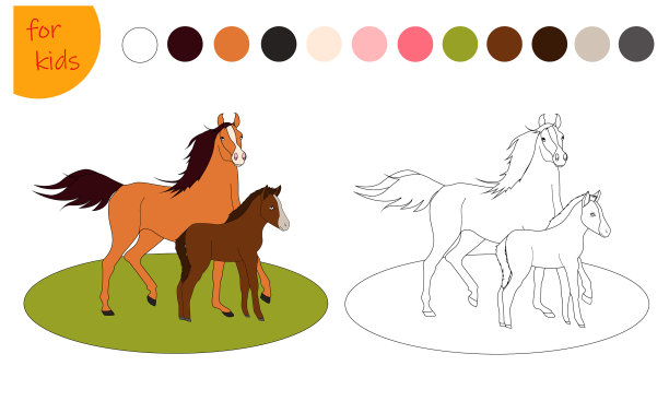 儿童着色书马和马驹着色图片下载