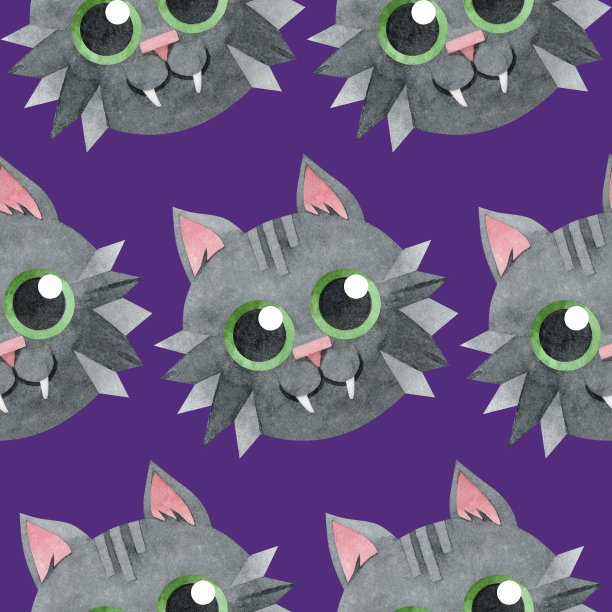 无缝图案与黑色吸血鬼猫。万圣节的背景。猫脸上带着微笑。创造性的孩子的纹理。水彩手绘插图上的紫色背景。为纺织、包装。图片下载