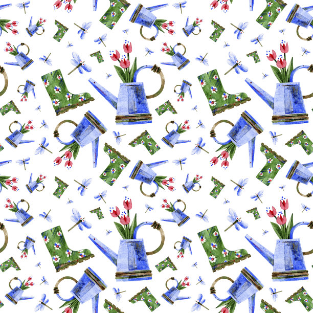 无缝花园模式与靴子和喷壶在白色的背景。手绘水彩彩色插图金属喷壶，蜻蜓，胶靴。用于纺织品、印刷、包装。图片下载