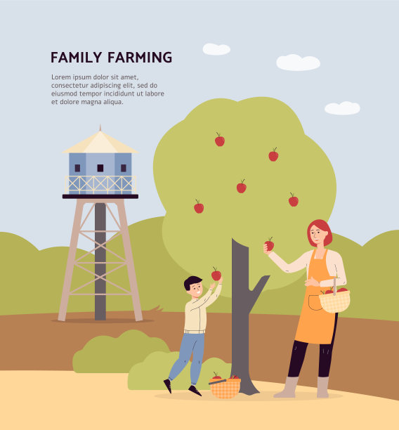 家庭农场旗帜与母子采集收获，平面矢量插图。图片下载