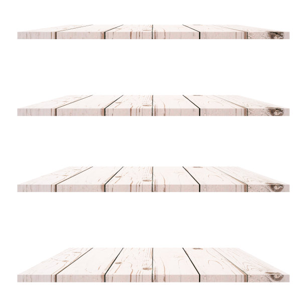 4木架桌子隔离在白色背景和显示蒙太奇产品。图片下载