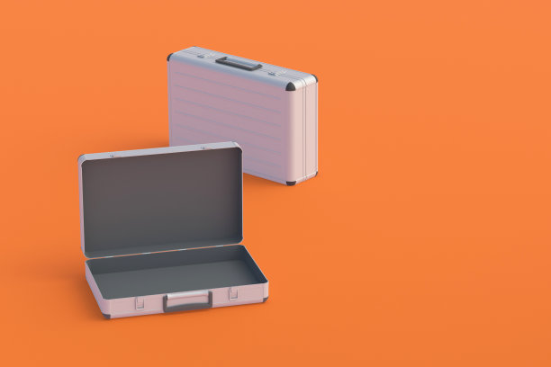 打开装有大量金钱或橙色背景文件的金属箱子。三维渲染图片下载